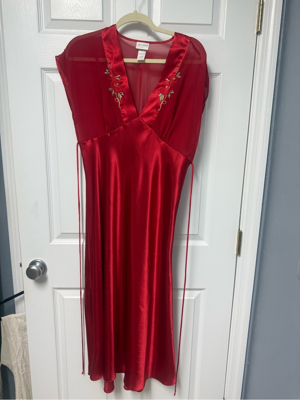 delicates Red sheer Embroidered nightgown with silky feel
